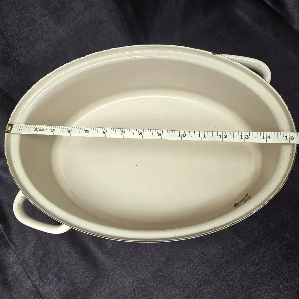Vintage Large Tan & Brown Iron Roaster Frying Pan Roasting Pot Casserole Dish